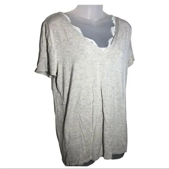 ALYA HEATHERED BEIGE LACE NECKLINE SHORT SLEEVE TOP MEDIUM-EUC - Picture 1 of 3